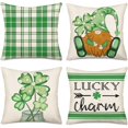thumbnail image 1 of St Patricks Day Pillow Covers Set of 4 Green White Buffalo Checkered Plaids with Gnomes Clover Lucky Charm Throw Pillow Cases Spring Farmhouse Decorations Cushion Cover 18x18 Inch, 1 of 6