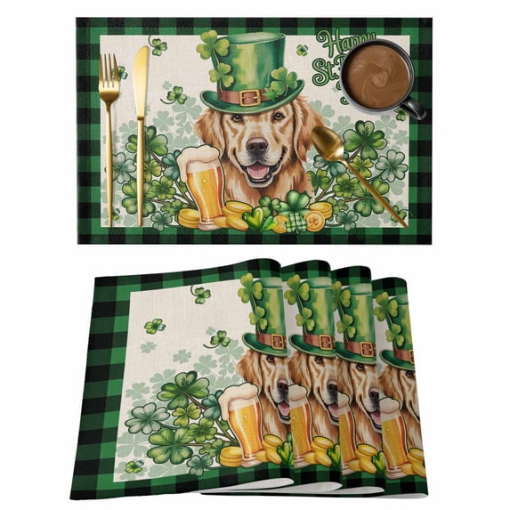 St Patricks Day Placemats Set of 12, Farmhouse Watercolor Dogs Green Shamrock Placemats for Dining Table, Place Mats for Kitchen Tabletop, Waterproof Wipeable Dining Table Mats Set