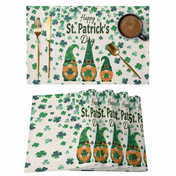 St Patricks Day Placemats Set of 12 Green Shamrock Spring Watercolor Gnomes Beige Place Mats Indoor Wipeable Table Mats Washable Dining Table Placemats for Kitchen Holiday Party Home Decor 13x19 Inch