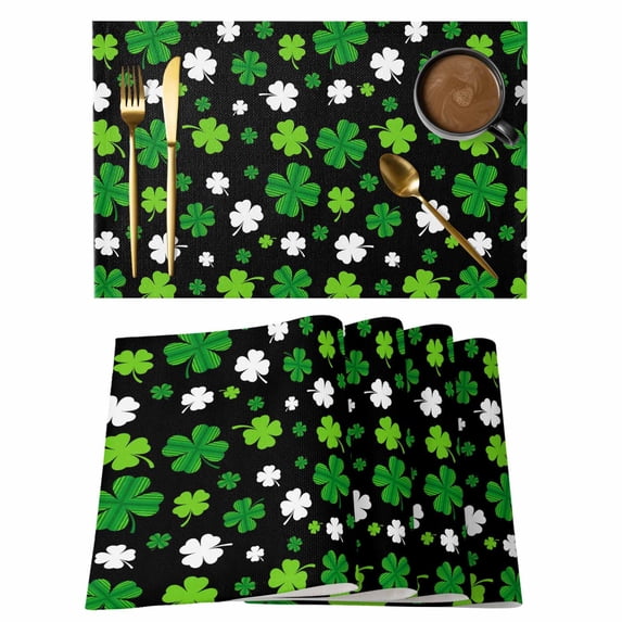 St Patricks Day Placemats Set of 12, Spring Farmhouse Country Green Shamrock Placemats for Dining Table, Place Mats for Kitchen Tabletop, Waterproof Wipeable Dining Table Mats Set