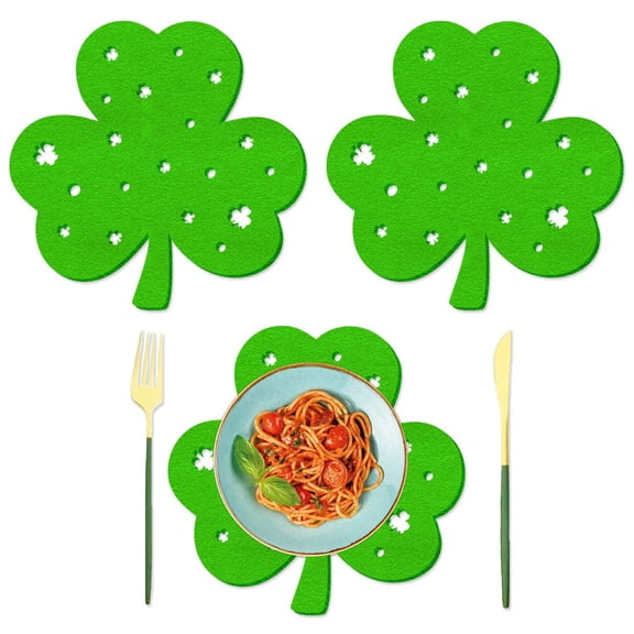 St Patricks Day Placemats Set of 4, Felt Green Shamrock Place Mats, Lucky Clover Table Mats for St Patrick's Day Irish Holiday Party Kitchen Dining Outdoor Indoor Decoration