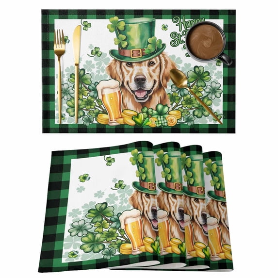St Patricks Day Placemats Set of 4, Modern Watercolor Dogs Green Shamrock Placemats for Dining Table, Place Mats for Kitchen Tabletop, Waterproof Wipeable Dining Table Mats Set