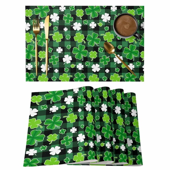 St Patricks Day Placemats Set of 4, Spring Country Green Shamrock Plaid Placemats for Dining Table, Place Mats for Kitchen Tabletop, Waterproof Wipeable Dining Table Mats Set