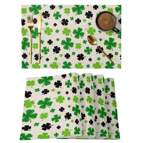 St Patricks Day Placemats Set of 8, Farmhouse Country Green Black Shamrock Placemats for Dining Table, Place Mats for Kitchen Tabletop, Waterproof Wipeable Dining Table Mats Set