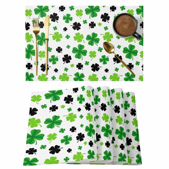 St Patricks Day Placemats Set of 8, Spring Country Green Black Shamrock Placemats for Dining Table, Place Mats for Kitchen Tabletop, Waterproof Wipeable Dining Table Mats Set