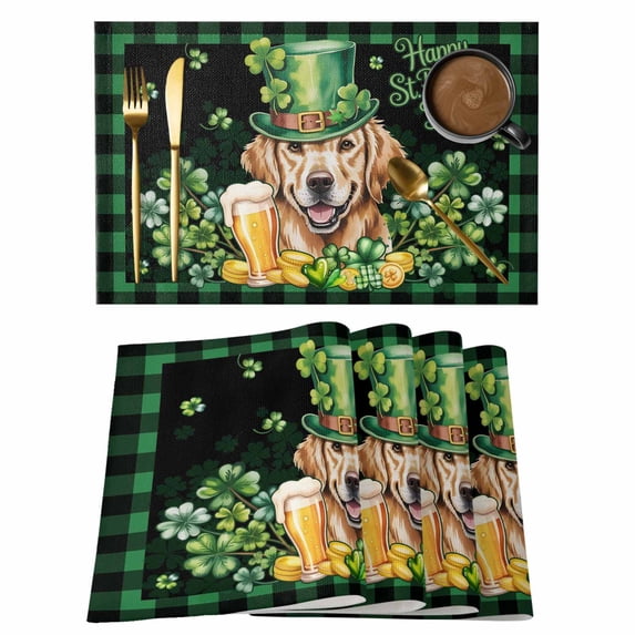 St Patricks Day Placemats Set of 8, Watercolor Dogs Green Shamrock Plaid Placemats for Dining Table, Place Mats for Kitchen Tabletop, Waterproof Wipeable Dining Table Mats Set