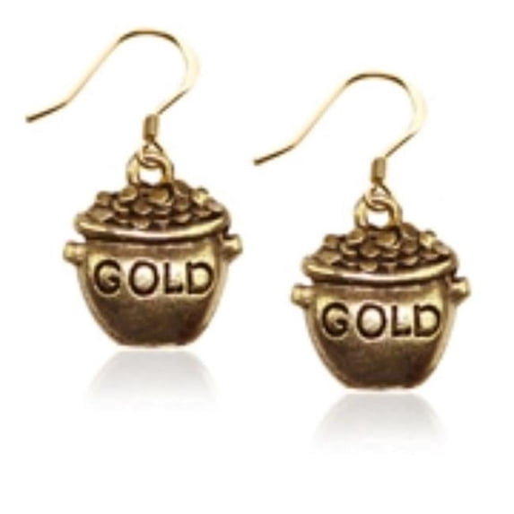St. Patricks Day Pot of Gold Charm Earrings, Gold