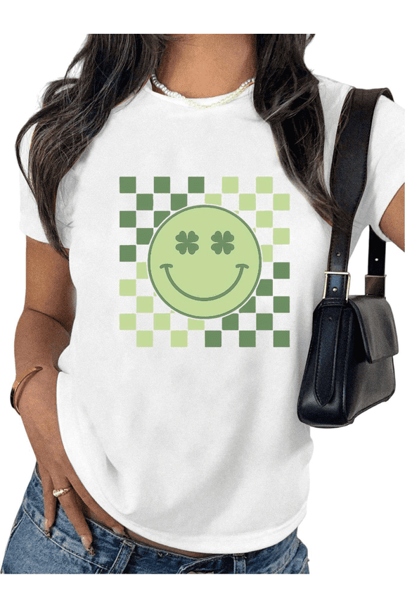 Lucky Green Smiley Face Shamrock Eyes Graphic Tees Print Tshirt White Shirts S-5XL Womens Daily Wear St Patricks Day Tops
