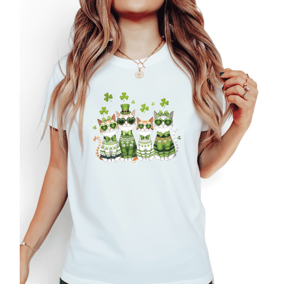 St Patricks Day Print Tshirt Graphic Tees Heart Sunglasses Cats Clover Shirts Women Casual White Festive Stylish Comfortable Daily Wear Tops S-5XL
