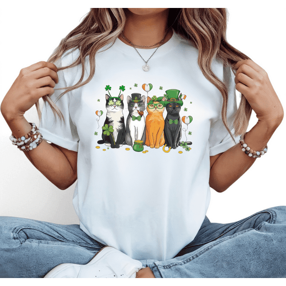 St Patricks Day Print Tshirt Graphic Tees Leprechaun Hat Cats Clover Shirts Women Casual White Festive Party Trendy Comfortable Tops S-5XL