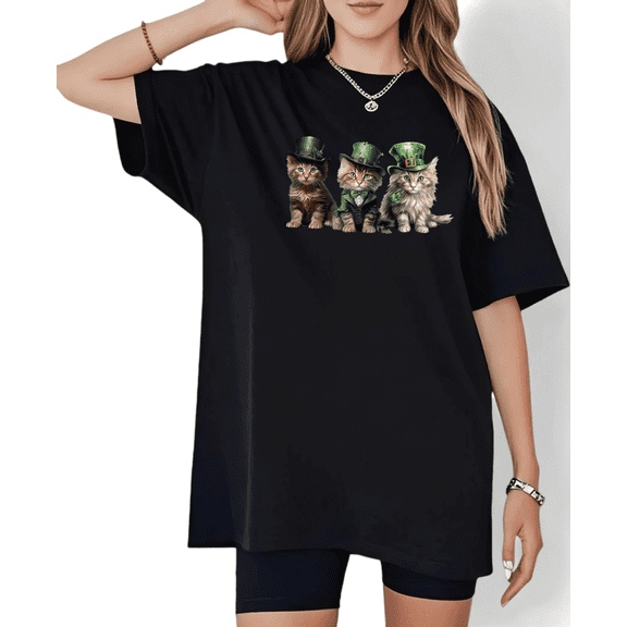 St Patricks Day Print Tshirt Graphic Tees Leprechaun Hat Kittens Clover Shirts Women Oversized Black Festive Party Trendy Comfortable Tops S-5XL