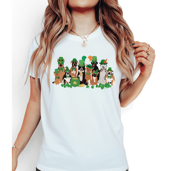 St Patricks Day Print Tshirt Graphic Tees Mixed Breed Dogs Leprechaun Hat Clover Shirts Women Casual White Festive Party Trendy Comfortable Tops S-5XL