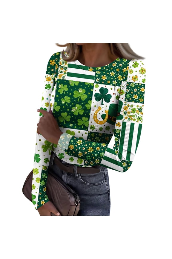 St Patricks Day Rib Knit Tops for Women Stretch Crewneck Shamrock Print Plus Size Ribbed Long Sleeve Shirts Casual Pullover Festive Jumper Tops