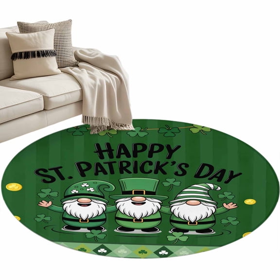 St Patricks Day Round Area Rugs Collection 3', Gnomes Green Shamrock Spring Gold Coin Striped Non Slip Indoor Circular Throw Runner Rug Floor Mat Carpet for Living Room Dining Table Bedroom Nursery