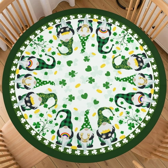 St. Patricks Day Round Fitted Tablecloth with Elastic Edge 40-44 Inch Shamrock Pattern Table Cover Washable Green Hat Gnome Table Cloth for Kitchen Dining Party Patio Picnic