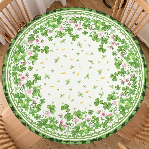 St Patricks Day Round Fitted Tablecloth with Elastic Edge Green Shamrock Buffalo Plaid Table Cover for 44"-48" Spring Holiday Stretch Table Cloth for Dining Room Party Picnic