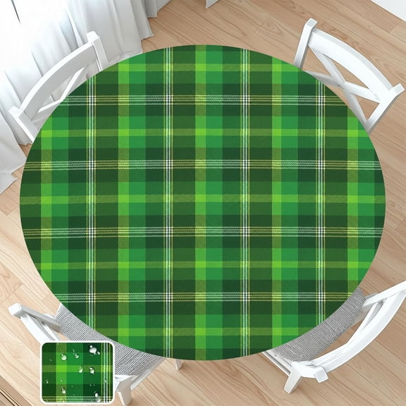 St Patricks Day Round Fitted Tablecloth with Elastic Green Buffalo Plaid Circle Table Cover for 36-40" Tables Wipeable Waterproof Washable Spring Irish Checkered Table Cloth for Picnic Dining Party