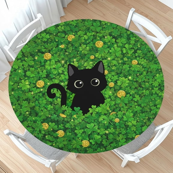St Patricks Day Round Fitted Tablecloth with Elastic Green Shamrock Clover Cat Circle Table Cover for 44-48" Tables Waterproof Washable Spring Irish Leaf Table Cloth for Picnic Dining Party Decor