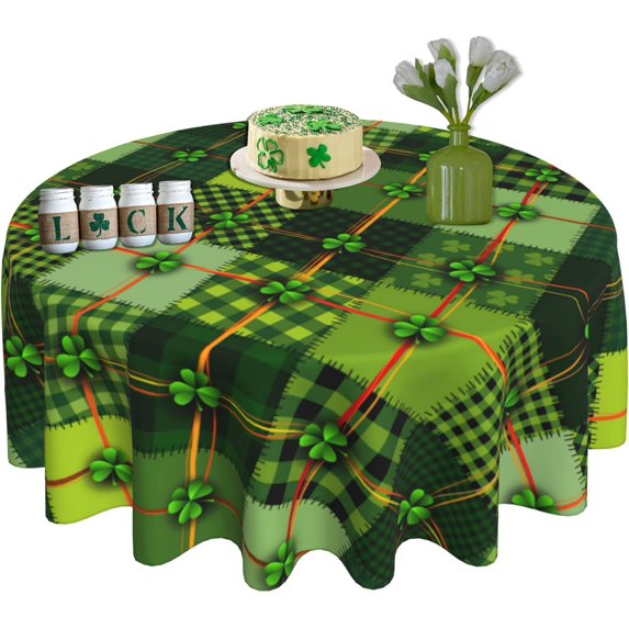St. Patricks Day Round Tablecloth 60 Inch Green Shamrock Floral Round Tablecloth Washable Microfiber Tablecloth Decorative Table Covers for Picnic Party