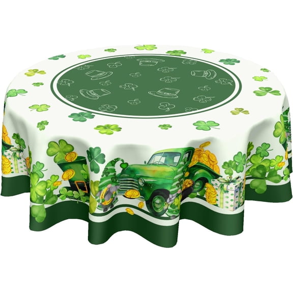 St Patricks Day Round Tablecloth 60 Inch Green St Patrick''s Day Shamrocks Gnome Truck Table Cloth Spring Holiday Table Cover for Party Kitchen Dinner Home Decor