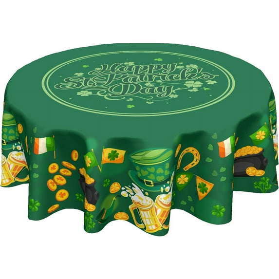 St Patricks Day Round Tablecloth 60 Inch Shamrock Gold Coin Tophat Beer Green St Patricks Decorative Table Cloth Polyester Table Cover for Kitchen Dining Room Party Home St. Patrick''s Day Decorations