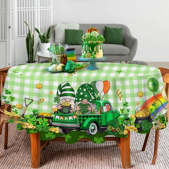 St Patricks Day Round Tablecloth 60 Inch, St Patricks Day Decor Table Cloth for Round, St Patricks Green Buffalo Plaid Gnomes Truck Tablecloths Cover Polyester Vintage for Dinner Decorations