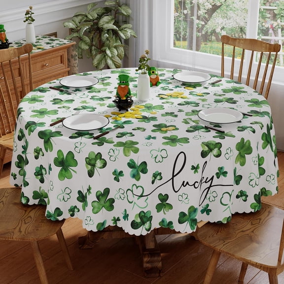 St Patricks Day Round Tablecloth 60x60 Inch, Washable Lucky Watercolor Green Shamrock St Patricks Tablecloth Spring Waterproof Scalloped Edge Table Cloth Home Party Picnic Table Decorations