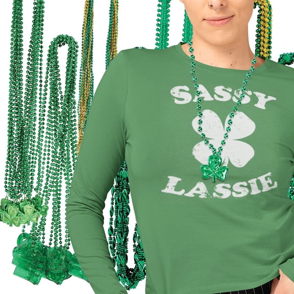 St. Patricks Day Sassy Irish Lassie Ladies Long Sleeve T-Shirt and Bead Necklace Combo