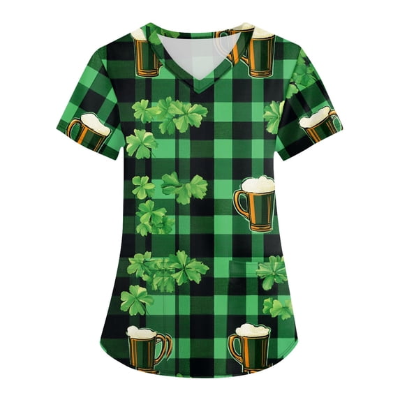 St Patricks Day Scrub Tops Women V-Neck Nursing Uniform Short Sleeve Shamrock Printed Holiday Scrubs Working Uniforms