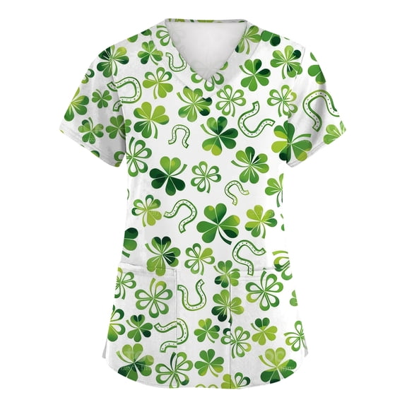 St Patricks Day Scrub Tops for Women Clover Short Sleeve Holiday Scrubs Shamrock V Neck Nursing Green Uniform with Pockets White XL