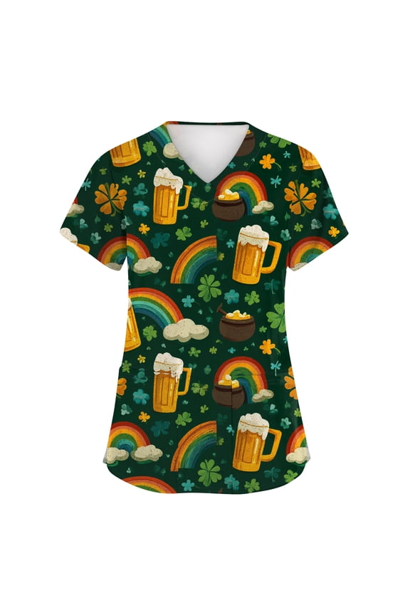 St Patricks Day Scrub Tops for Women Clover Short Sleeve Irish Scrubs Shamrock V Neck Medical Holiday Workwear with Pockets