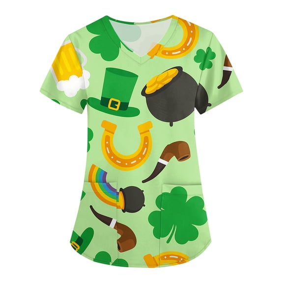 St Patricks Day Scrub Tops for Women Clover Short Sleeve Lucky Workwear Shamrock V Neck Nursing Medical Scrubs with Pockets Mint Green S