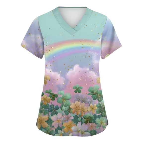 St Patricks Day Scrub Tops for Women Clover Short Sleeve Medical Uniform Shamrock V Neck Irish Lucky Scrubs with Pockets Purple Pink M