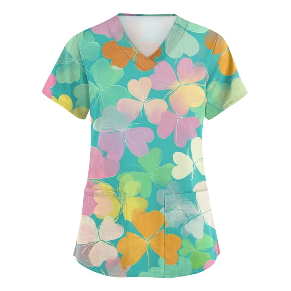 St Patricks Day Scrub Tops for Women Clover V Neck Green Uniform Shamrock Short Sleeve Nursing Lucky Scrubs with Pockets Green L