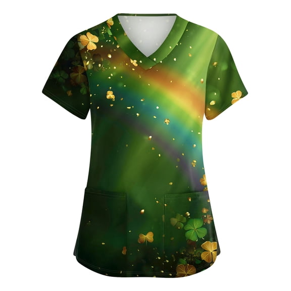 St Patricks Day Scrub Tops for Women Clover V Neck Green Workwear Shamrock Short Sleeve Holiday Irish Scrubs with Pockets Multicolor XL