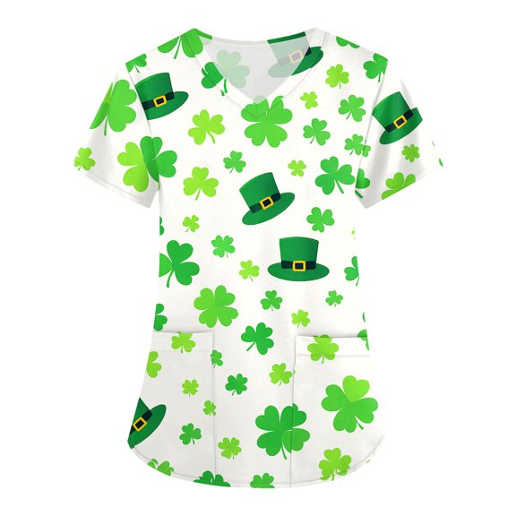 St Patricks Day Scrub Tops for Women Clover V Neck Green Workwear Shamrock Short Sleeve Nursing Medical Scrubs with Pockets Mint Green S