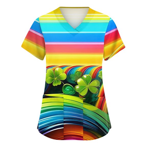 St Patricks Day Scrub Tops for Women Clover V Neck Holiday Scrubs Shamrock Short Sleeve Lucky Green Uniform with Pockets Cyan 3XL