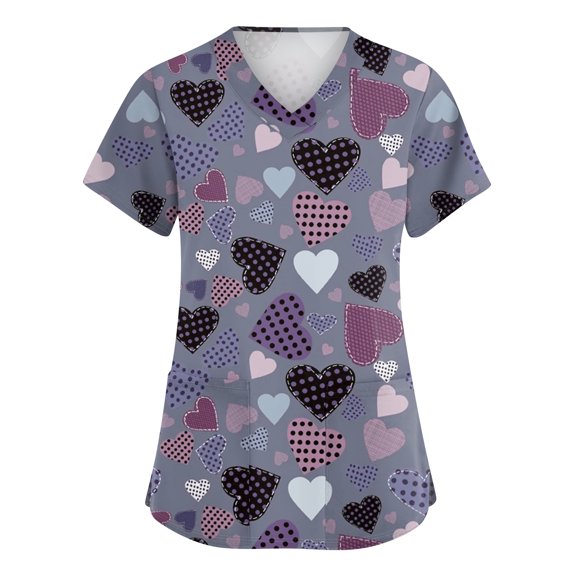 St Patricks Day Scrub Tops for Women Clover V Neck Holiday Workwear Shamrock Short Sleeve Lucky Green Scrubs with Pockets Gray 2XL