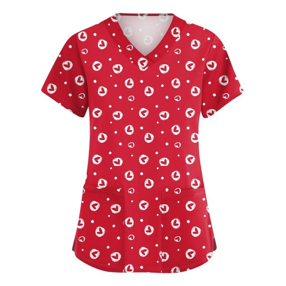 St Patricks Day Scrub Tops for Women Shamrock Short Sleeve Green Scrubs Clover V Neck Holiday Lucky Uniform with Pockets Red 2XL