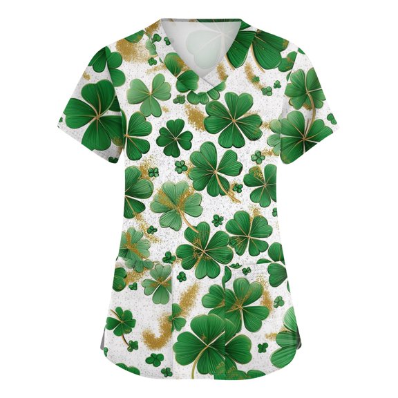 St Patricks Day Scrub Tops for Women Shamrock Short Sleeve Green Scrubs Clover V Neck Lucky Holiday Uniform with Pockets Green 2XL