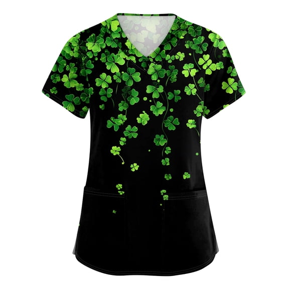 St Patricks Day Scrub Tops for Women Shamrock Short Sleeve Holiday Scrubs Clover V Neck Nursing Medical Uniform with Pockets Cyan 3XL