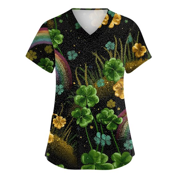 St Patricks Day Scrub Tops for Women Shamrock Short Sleeve Holiday Workwear Clover V Neck Green Nursing Scrubs with Pockets Royal Blue S
