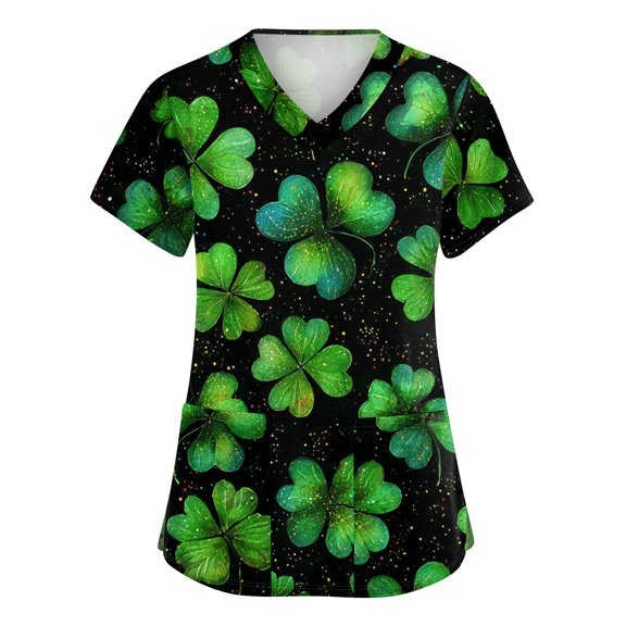 St Patricks Day Scrub Tops for Women Shamrock Short Sleeve Holiday Workwear Clover V Neck Lucky Green Scrubs with Pockets Black S