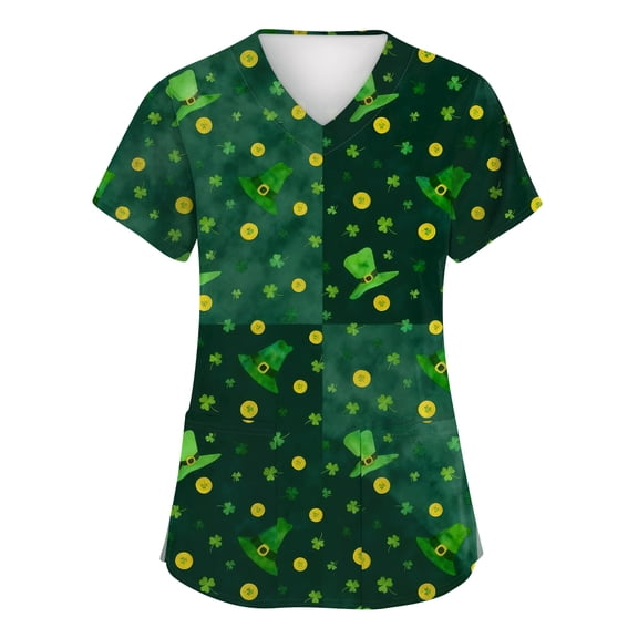 St Patricks Day Scrub Tops for Women Shamrock Short Sleeve Lucky Scrubs Clover V Neck Green Medical Workwear with Pockets Dark Green L