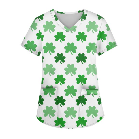 St Patricks Day Scrub Tops for Women Shamrock Short Sleeve Lucky Uniform Clover V Neck Irish Holiday Workwear with Pockets Mint Green S
