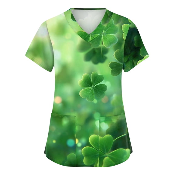 St Patricks Day Scrub Tops for Women Shamrock Short Sleeve Medical Uniform Clover V Neck Nursing Irish Workwear with Pockets Green S