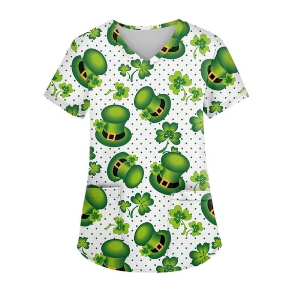 St Patricks Day Scrub Tops for Women Shamrock Short Sleeve Nursing Scrubs Clover V Neck Holiday Green Uniform with Pockets Dark Green 5XL