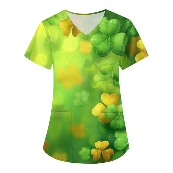 St Patricks Day Scrub Tops for Women Shamrock Short Sleeve Nursing Scrubs Clover V Neck Lucky Holiday Workwear with Pockets Fluorescent Green M