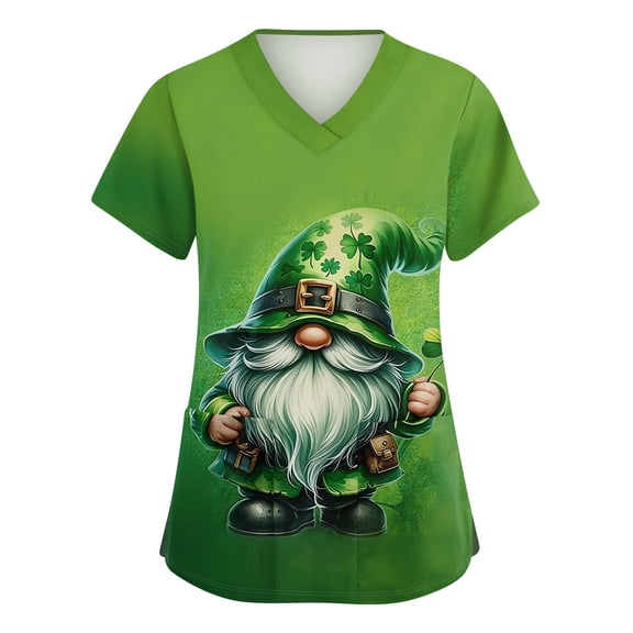 St Patricks Day Scrub Tops for Women Clover V Neck Holiday Scrubs Shamrock Short Sleeve Nursing Lucky Uniform with Pockets