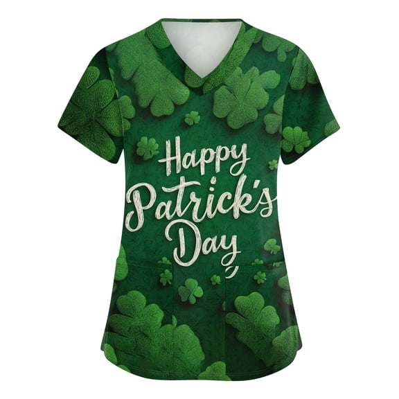 St Patricks Day Scrub Tops for Women Shamrock V Neck Green Workwear Clover Short Sleeve Lucky Nursing Scrubs with Pockets Turquoise M